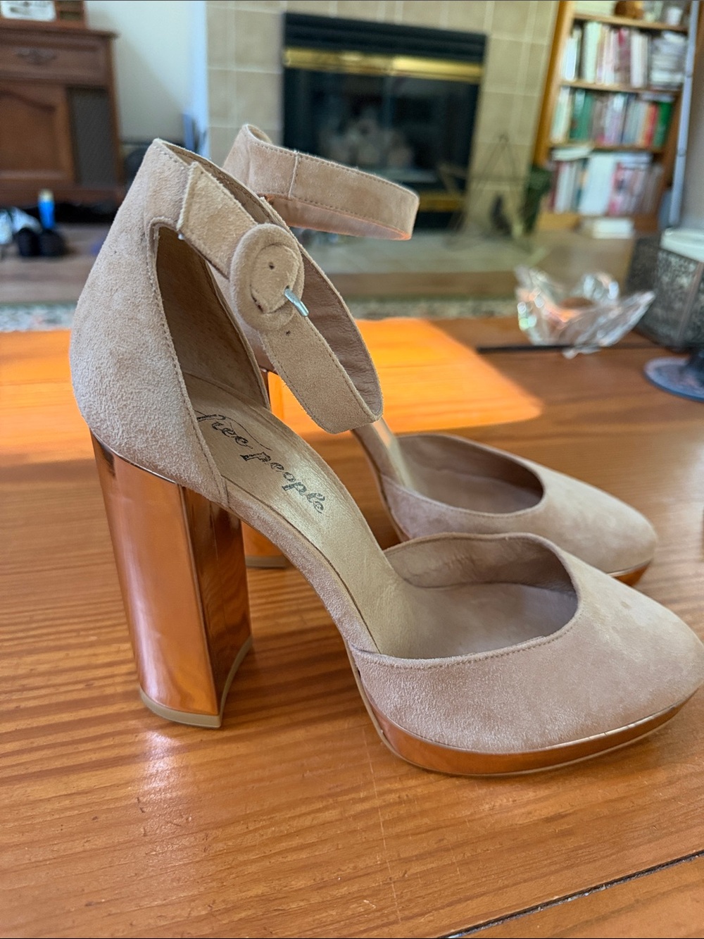 Free People Tan Suede Ankle-Strap Platform Heels w/Rose Gold Block Heel, size 11